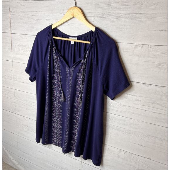 J Jill Blouse Womens Size 1X Blue Bohemian Tassels Comfort Cotton Blend - Picture 4 of 15